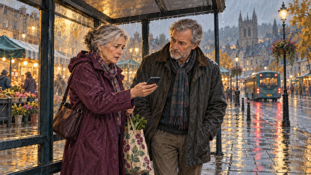 An older woman holds out her phone while a man listens beside her beneath a rainy bus shelter.
