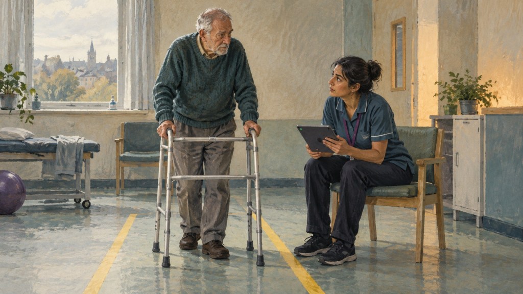 An older man uses a walking frame while a care worker watches beside yellow floor lines.