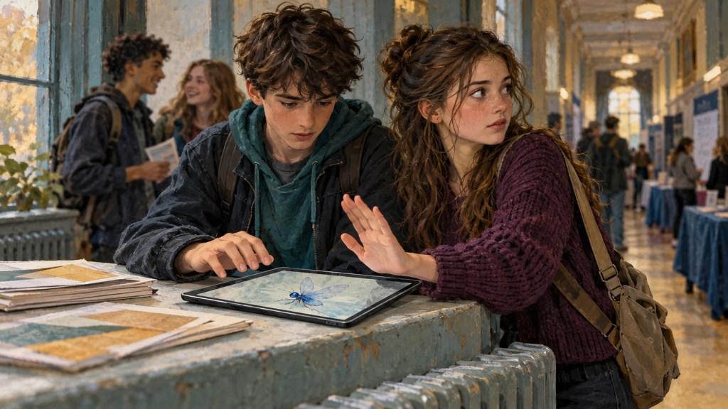 Two teenagers pause over a tablet showing an insect; one raises a hand to stop.