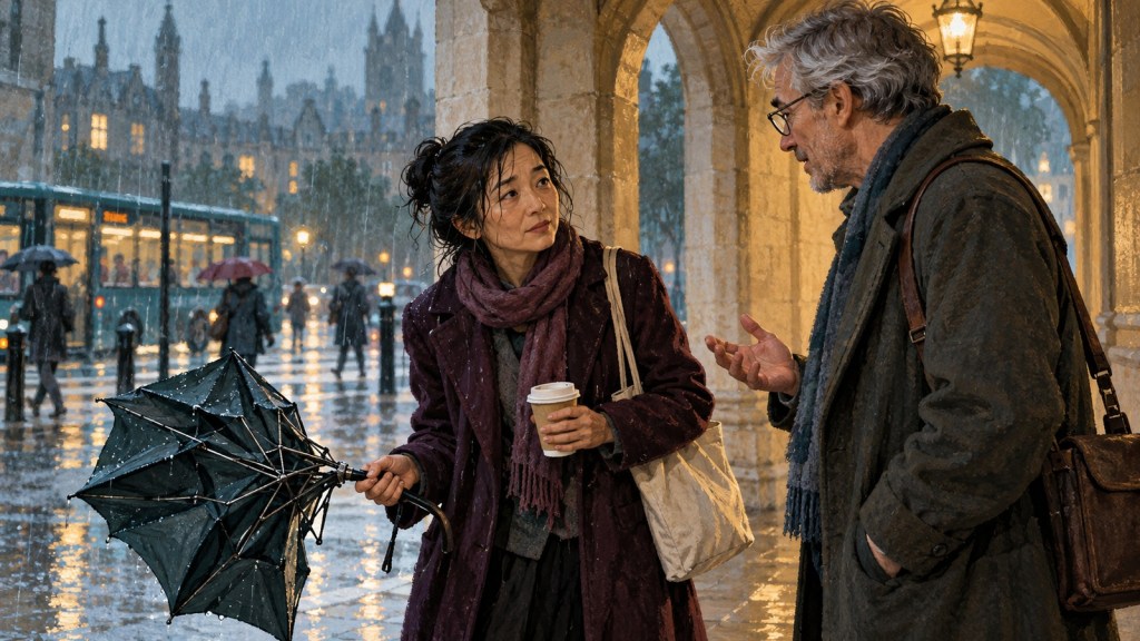 Two people talk under a university canopy in the rain, beside a damaged umbrella.